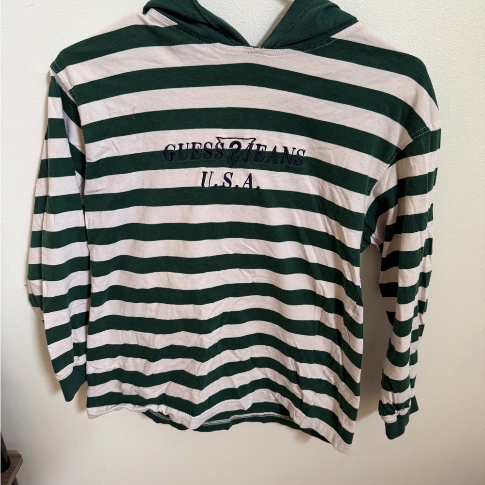 Vintage GUESS Green & White Striped Hooded Sweatshirt